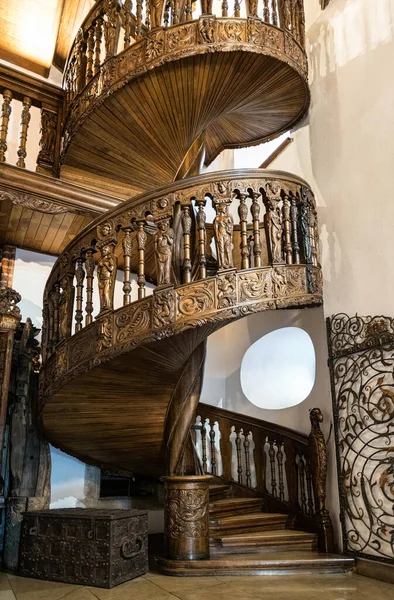 Beautiful Old Wooden Cared Spiral Staircase Ancient Gothic Church Interior — Stock Photo, Image