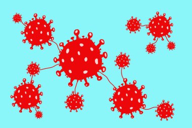 İllüstrasyon, kırmızı virüs genişlemesi ve mavi arkaplan, grup virüsü