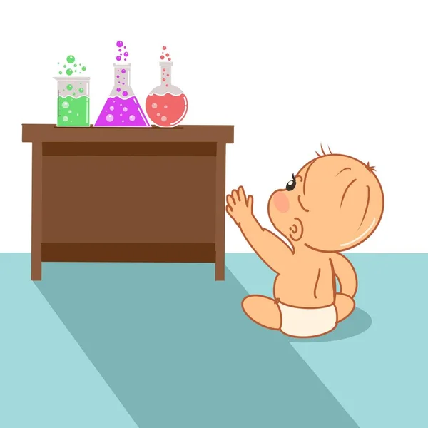 Illust Mały Chłopiec Butelki Niebezpiecznych Chemikaliów — Zdjęcie stockowe