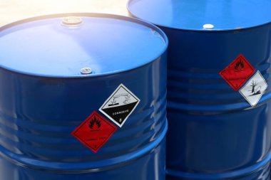 Warning symbol for chemical hazard on chemical container, chemical in factory 