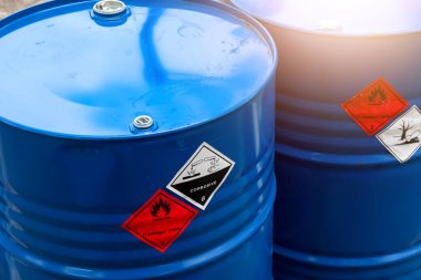 Warning symbol for chemical hazard on chemical container, chemical in factory  clipart