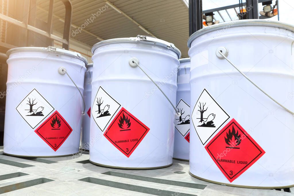 Flammable liquid symbol on the chemical tank, dangerous products in the industry