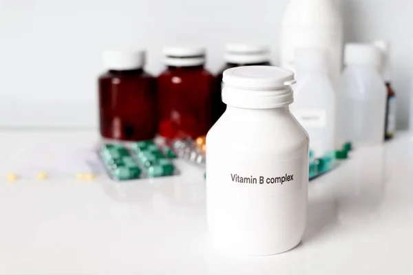 Vitamin B complex in bottle ,medicines are used to treat sick people.