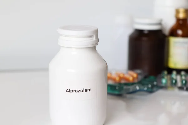 Alprazolam in bottle ,medicines are used to treat sick people.