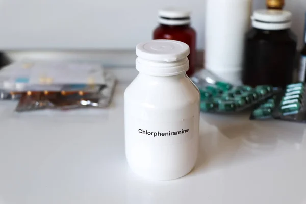 Chlorpheniramine in bottle ,medicines are used to treat sick people.