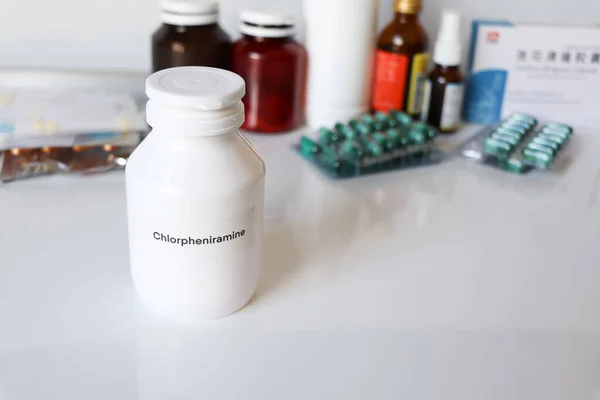 Chlorpheniramine in bottle ,medicines are used to treat sick people.