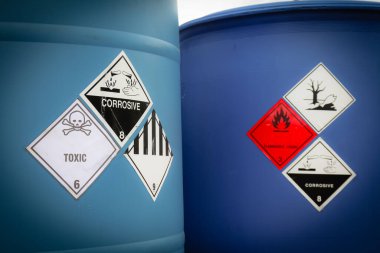Warning symbol for chemical hazard on chemical container in industry 