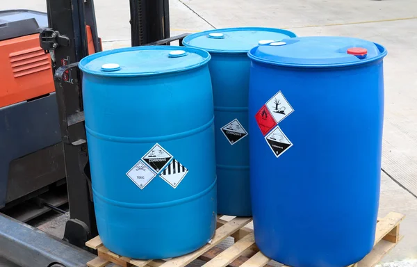 Warning symbol for chemical hazard on chemical container in industry