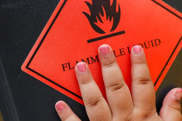 Red Flammable Symbol Chemical Children Hand Keep Chemicals Away Children — Fotografia de Stock