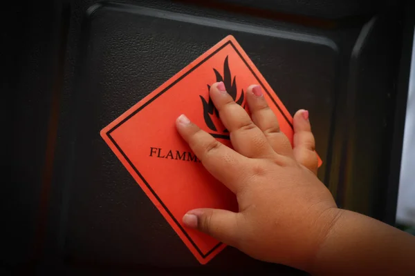 Red Flammable Symbol Chemical Children Hand Keep Chemicals Away Children — Stockfoto