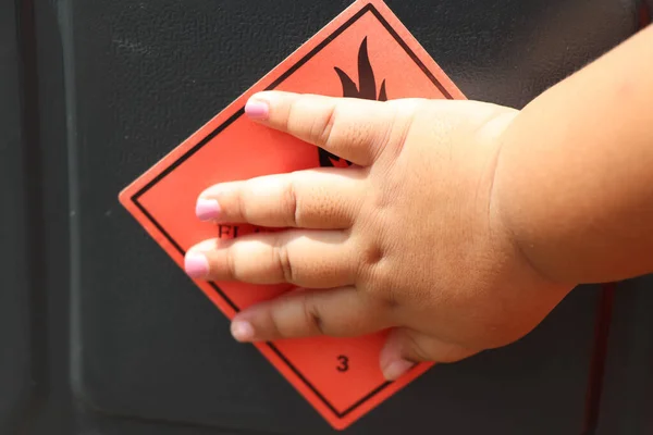 Red Flammable Symbol Chemical Children Hand Keep Chemicals Away Children — Stockfoto