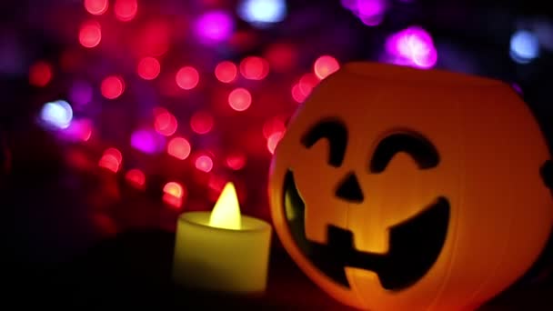 Halloween Pumpkin Smile Scary Eyes Party Night Bokeh Background Lights — Vídeo de Stock