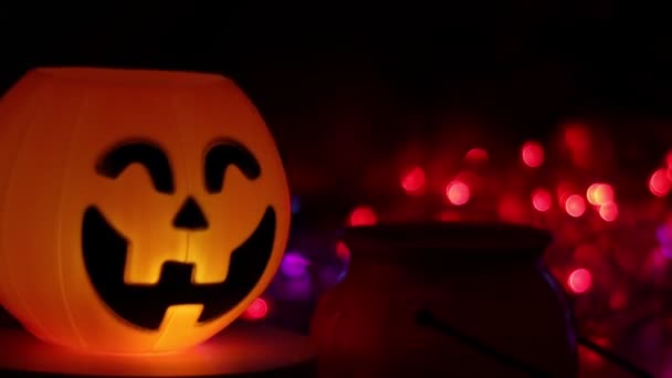 Halloween Pumpkin Smile Scary Eyes Party Night Bokeh Background Lights — Stockvideo