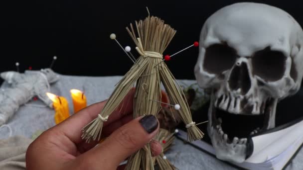 Curse Doll Hand Skull Background Religion Belief — Stok video