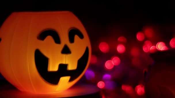 Halloween Pumpkin Smile Scary Eyes Party Night Bokeh Background Lights — 图库视频影像