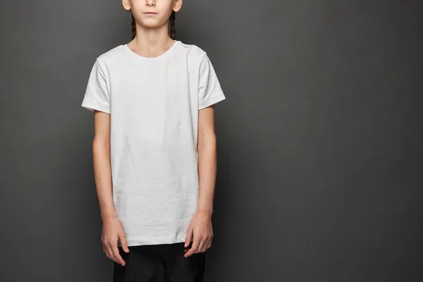 Kid Girl Wearing White Shirt Space Your Logo Design Studio — Stock Photo, Image