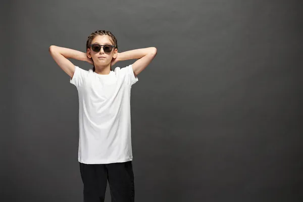 Kid Girl Wearing White Shirt Space Your Logo Design Studio — Stock Photo, Image