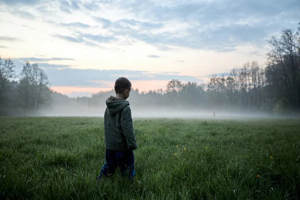 Child Boy Standing Looking Foggy Meadow — Foto Stock