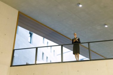 Minimalist ofis çalışma alanında tablet bilgisayar kullanan kadın