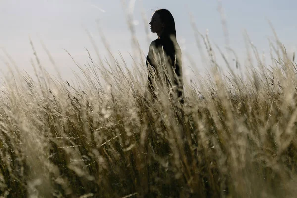Žena Kráčí Pšeničném Poli Večerní Relaxaci — Stock fotografie