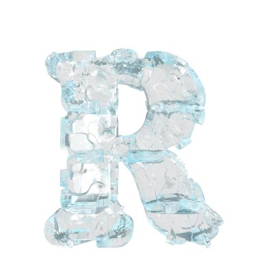 3d symbol made of transparent ice. letter r