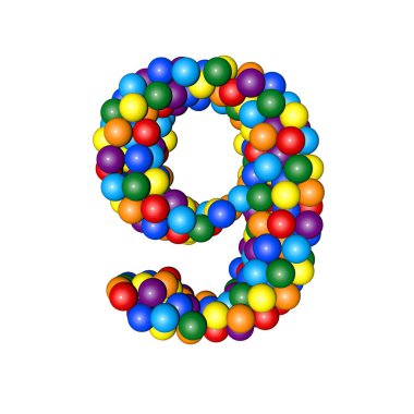 3d symbol from balls of rainbow colors. number 9