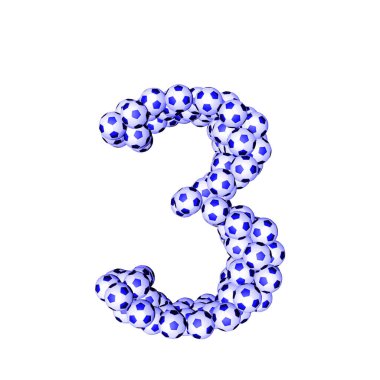 3d symbol made from soccer balls. number 3