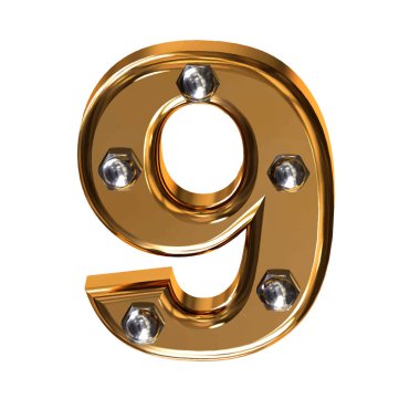 Metal cıvatalı altın 3D sembol. 9 numara.