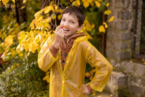 Фото Хлопчика Підлітка Жовтому Плащі Серед Осіннього Листя Прогулянки Парку — стокове фото