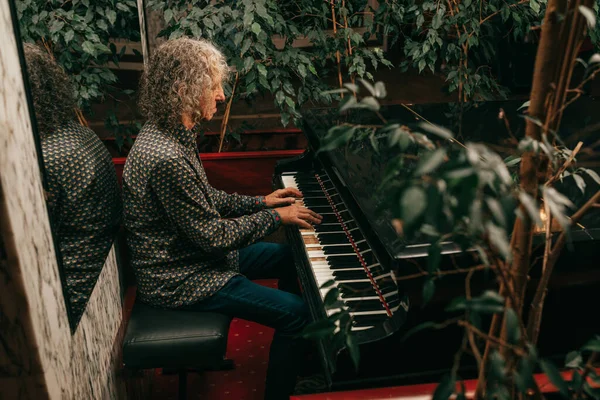 60歳から65歳の男性の肖像画 灰色の巻き毛 ピアノに座って音楽を演奏し 焦点を当て サイドビュー — ストック写真