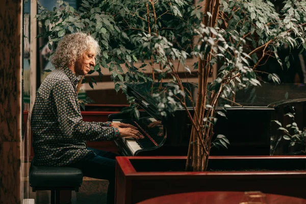 白发苍苍 一头卷曲长发的老人的画像是坐在钢琴旁 弹奏着音乐 在宾馆享受着愉快的夜晚 生活方式照片 — 图库照片