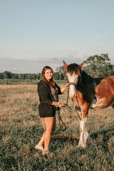 Young Beautiful Woman Stands Next Her Brown Horse Meadow Summer — Stockfoto