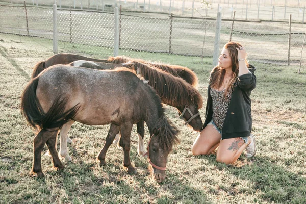 Young Woman Sitting Next Three Grazing Ponies Life Farm Agrotourism — Stock Photo, Image