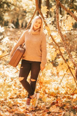 Örülmüş kaşmir kazaklı güzel, huzurlu bir sarışın, elinde eski bir bavul tutarak ormanda duruyor, güneşli bir sonbahar gününde, sarı yaprakların arasında. Sonbahar. Altın zamanı. Mevsimler.