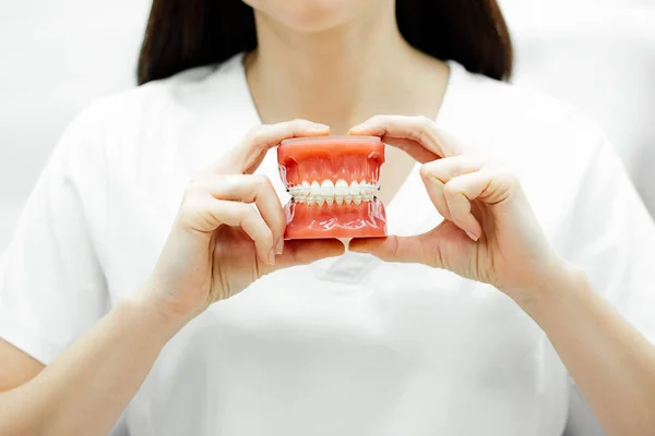 Mujer Joven Irreconocible Médico Dentista Ortodoncista Con Pelo Negro Ropa — Foto de Stock