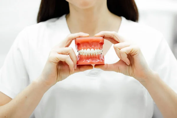 Mujer Joven Irreconocible Médico Dentista Ortodoncista Con Pelo Largo Negro — Foto de Stock