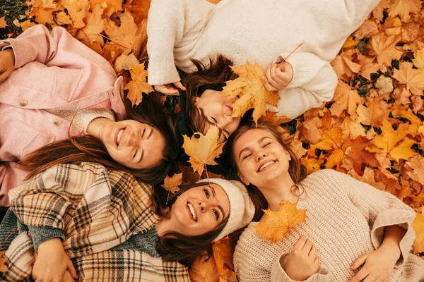 Four close women friends company lying on leaves, spending time together, lying on foliage, laghing, throw. Top view