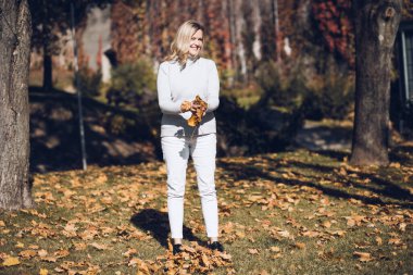 Portrait of happy woman holding and throwing by hands fallen leaves in autumn city park on sunny day. Adult lady playing with yellow foliage, scenic nature background. Cozy golden autumn and weather