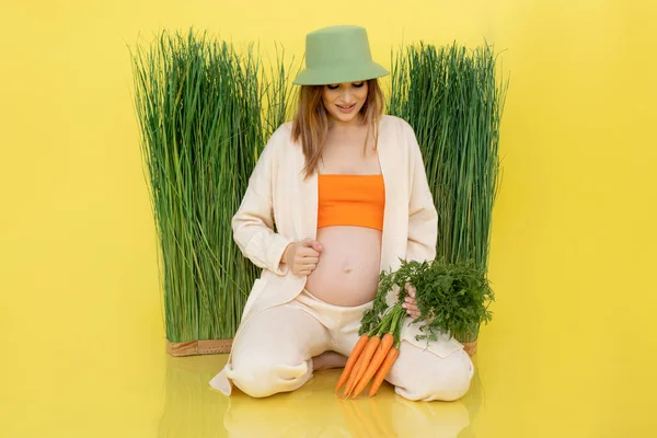 Hamileliğinin sonlarına doğru çıplak karnına çimen süslemesi takmış bir kadın. Elinde günlük giysiler içinde taze havuç dolu, sarı arka planda. Bebek bekleyen hamile bir kadının portresi. Mutlu hamilelik kavramı