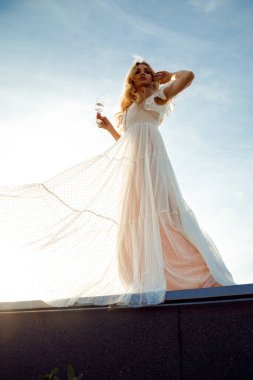 Uzun saçlı, uzun elbiseli, elinde şampanya bardağı, çatının kenarında duran genç bir kadının portresi..