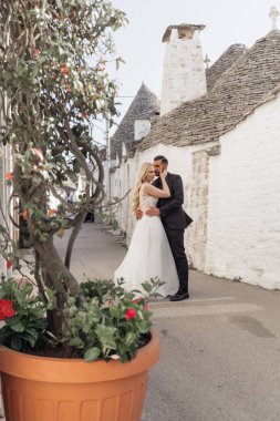 Dikey romantik çift yurtdışında balayı tatilinde, yeşillik ve binaların yanında geziyor ve yürüyor. Ön planda saksıdaki ağaç, yolda dur. Kutlama düğünü, İtalya etkinliği
