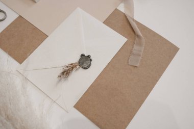 Beyaz, kahverengi, pembe kağıtların üst kompozisyonu, gri balmumu ve kuru dalla mühürlenmiş beyaz zarf, beyaz arka planda pembe kurdele ve rampaların bir parçası. El yapımı zanaat ve hobi.