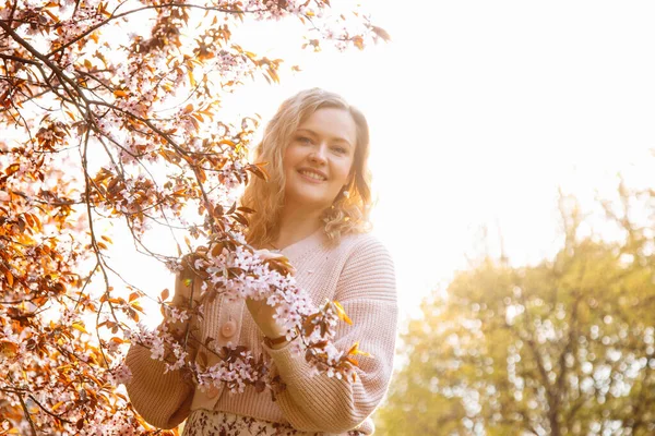 Pembe hırka giyen, uzun, mutlu ve çekici bir kadının portresi. Çiçek açan kiraz ağacının yanında duran, elinde beyaz çiçeklerle duran yaz baskılı bir elbise. Bahar. 