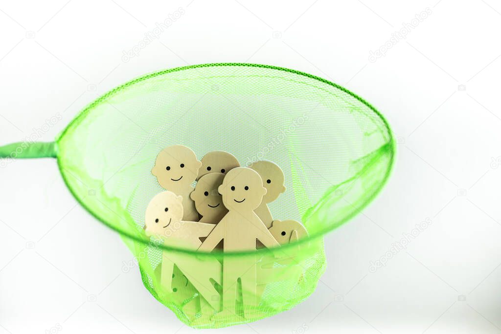 Photo of concept of life insurance in form of paper cut happy men located inside green net, white background. Insured community, Internet trap for boobies, promotion of insurance business.