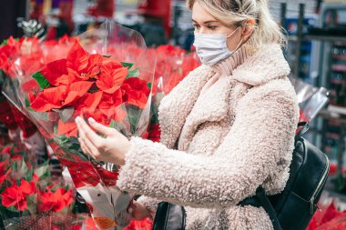 Maskeli ilginç bir sarışın süpermarketin noel bölümünde çiçek açan kırmızı noktalı çiçekleri seçiyor. Kişisel koruyucu ekipman. Noel yıldızı. Noel ve Yeni Yıl Arifesi..