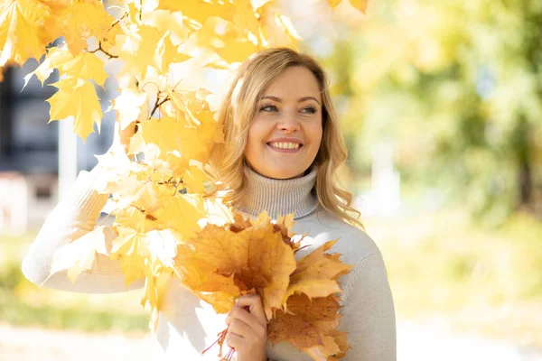 Carino Sorridente Giovane Donna Maglia Maglione Nella Foresta Autunnale Tenendo — Foto Stock