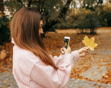 Ekran koruyucu için fotoğraf. Güzel kahverengi saçlı kadın şehir meydanında sıcak bir günde cep telefonunda parlak bir sonbahar yaprağı fotoğrafı çekiyor. Doğadan zevk alıyor. Sonbahar tatili. Hint Yazı. 