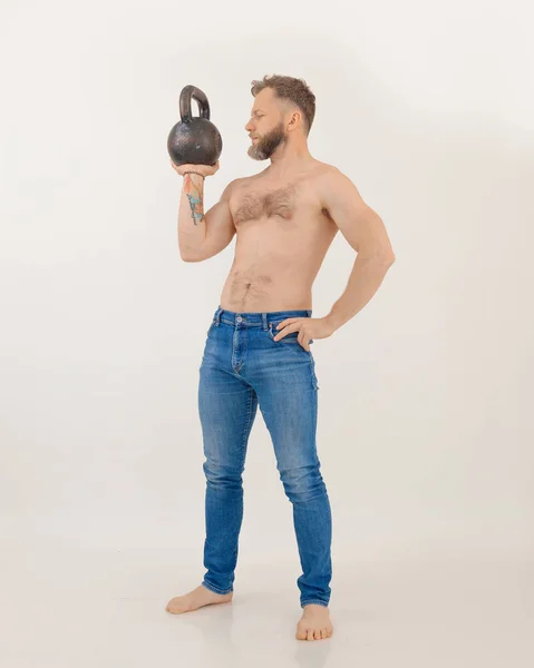 Retrato Hombre Barbudo Musculoso Deportivo Guapo Mediana Edad Sin Camisa — Foto de Stock