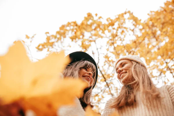 Дві Молоді Щасливі Жінки Тлі Осіннього Неба Жовтих Дерев Падіння — стокове фото