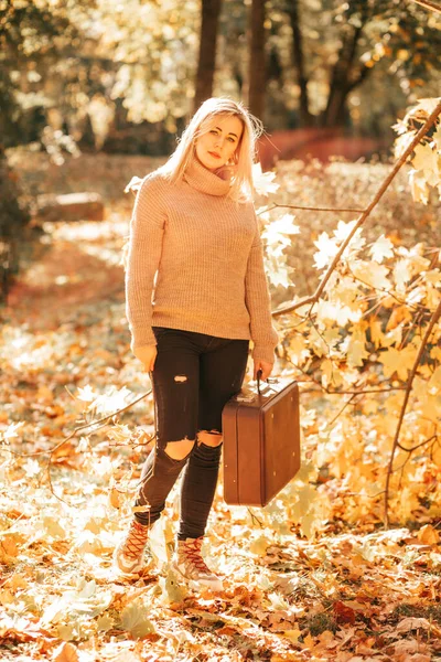 Feminine blonde inknitted cashmere sweater stands in city park, holding old suitcase in her hands, on sunny autumn day among yellow fallen leaves. Beautiful autumn. Golden time. Seasons.
